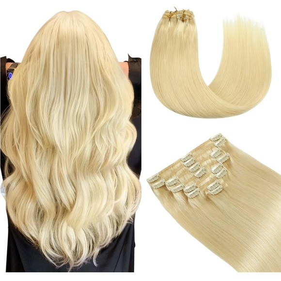 Remy Human Hair Clip-In 12” Extensions . Silky Seamless Straight Bleach Blonde - Picture 1 of 7